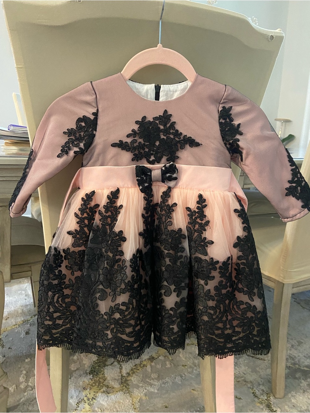 Girls' Pink Lace-Overlay Party Dress with Black Appliqué